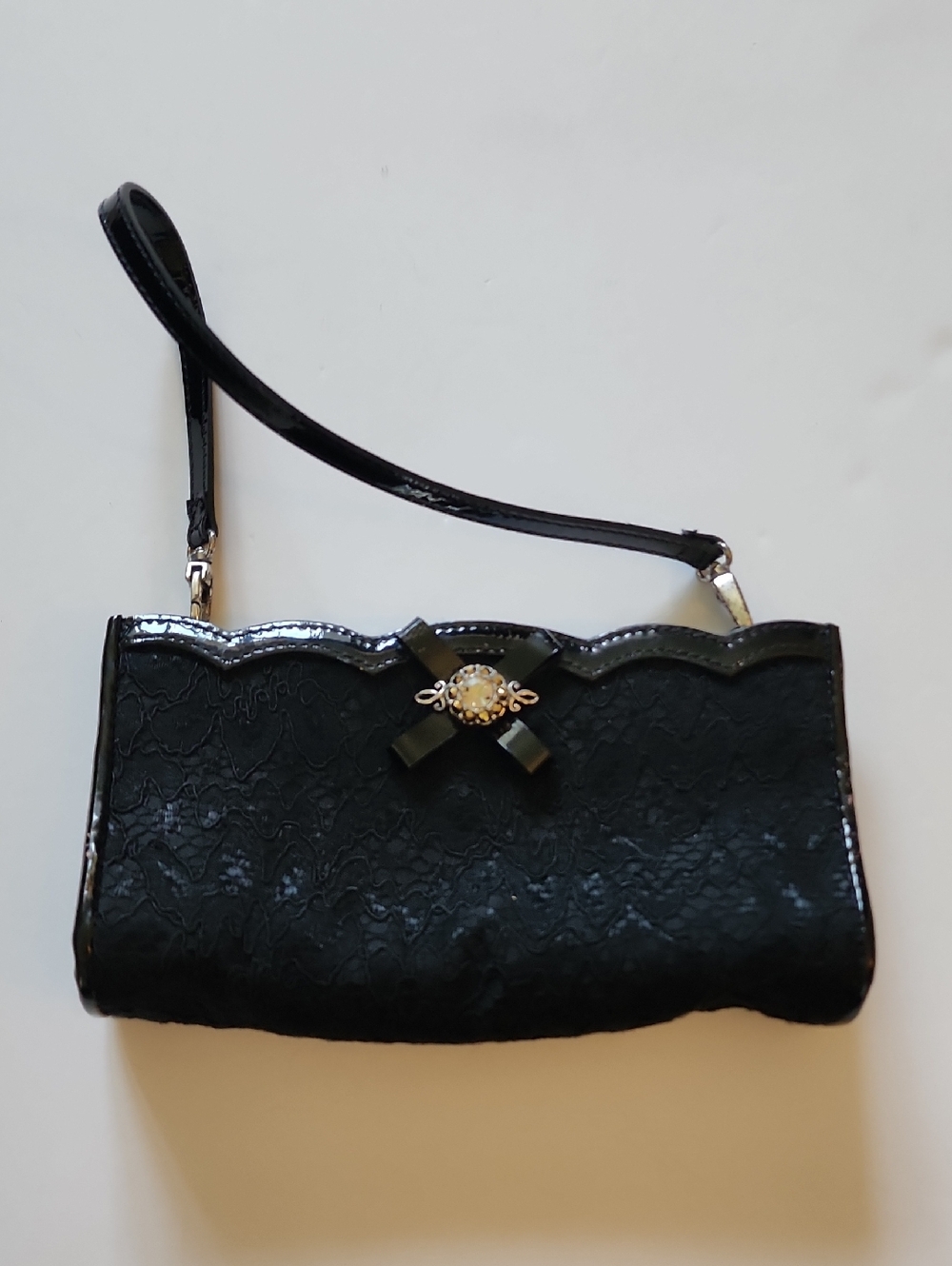 Brighton Patent Leather Black Lace Wristlet with Bow and Jewel.